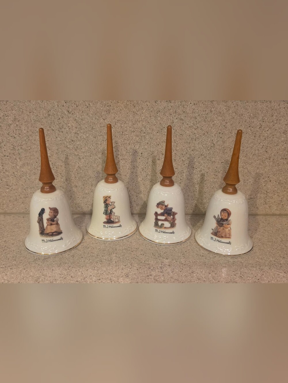Hummel Porcelain Bells with Wood Handles - White, Brown, Gold Accents